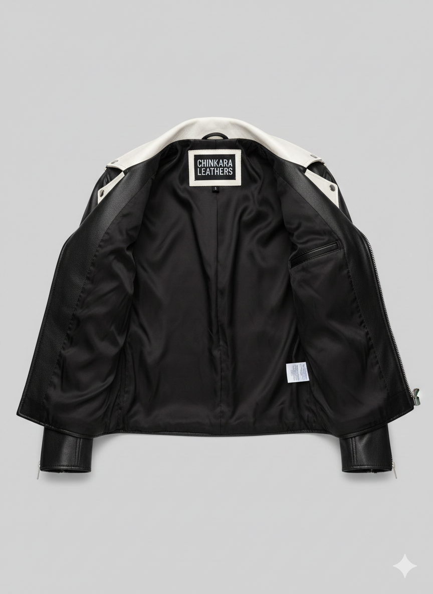 Men's Biker Leather Jacket with Contrast White Collar and Belt